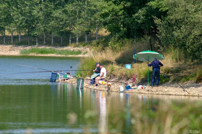 Pecheurs au bord d'un lac partageant un moment de convivialité
