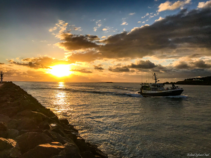 Un bateau de pêche rentre au port de Saint-Gilles-Croix-de-Vie à l'aube